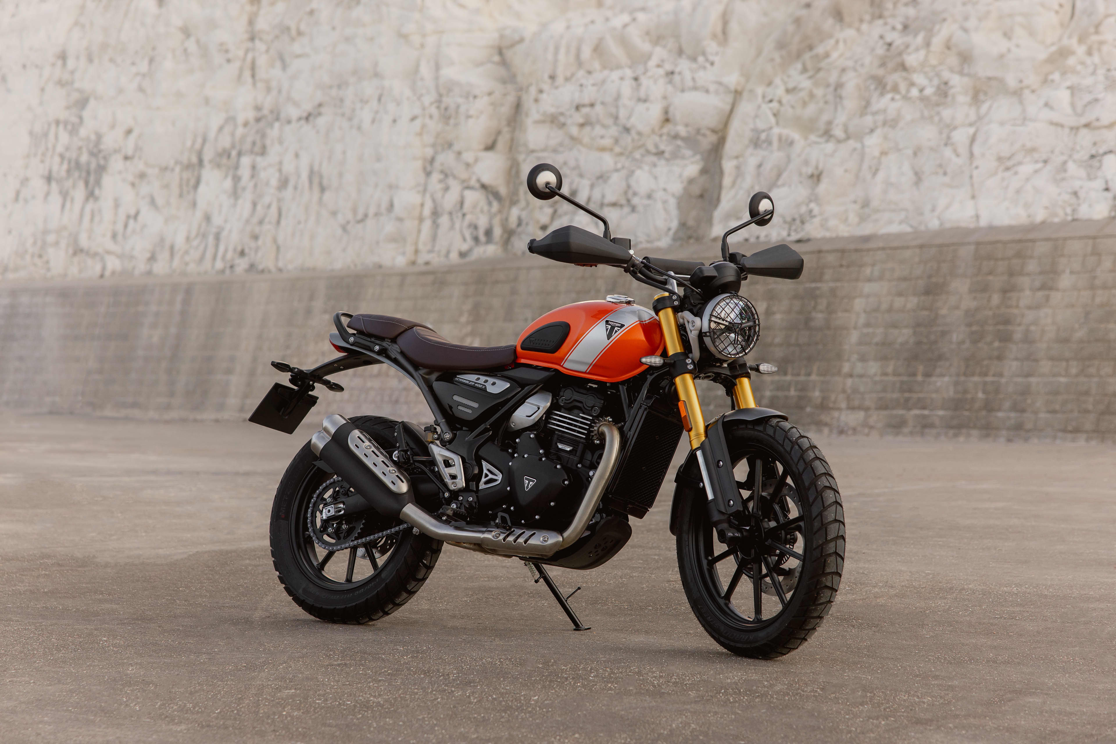 Right side angled view of Triumph Scrambler 400 X