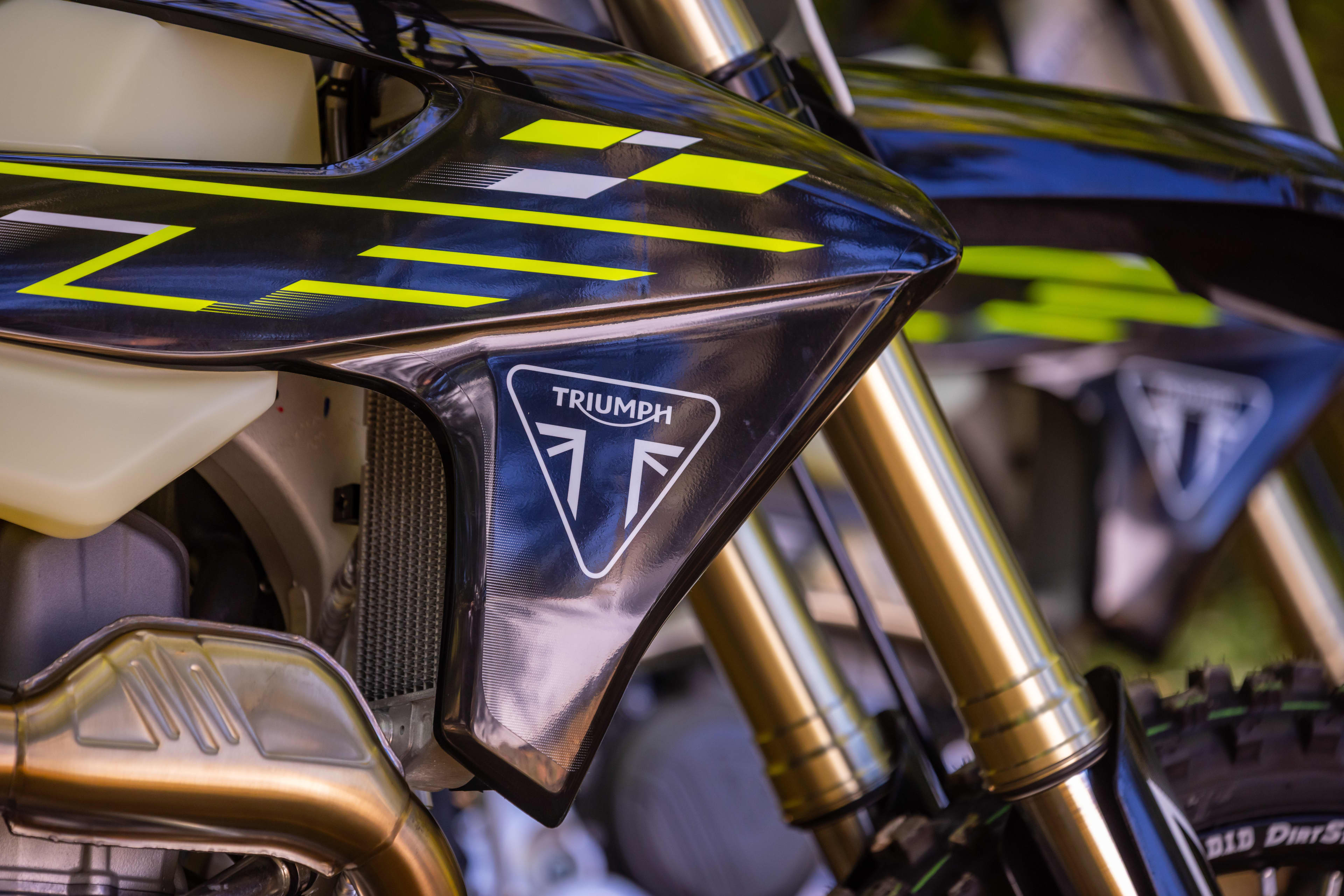 Triumph Cross Country motorcycle racing style graphics close up shot