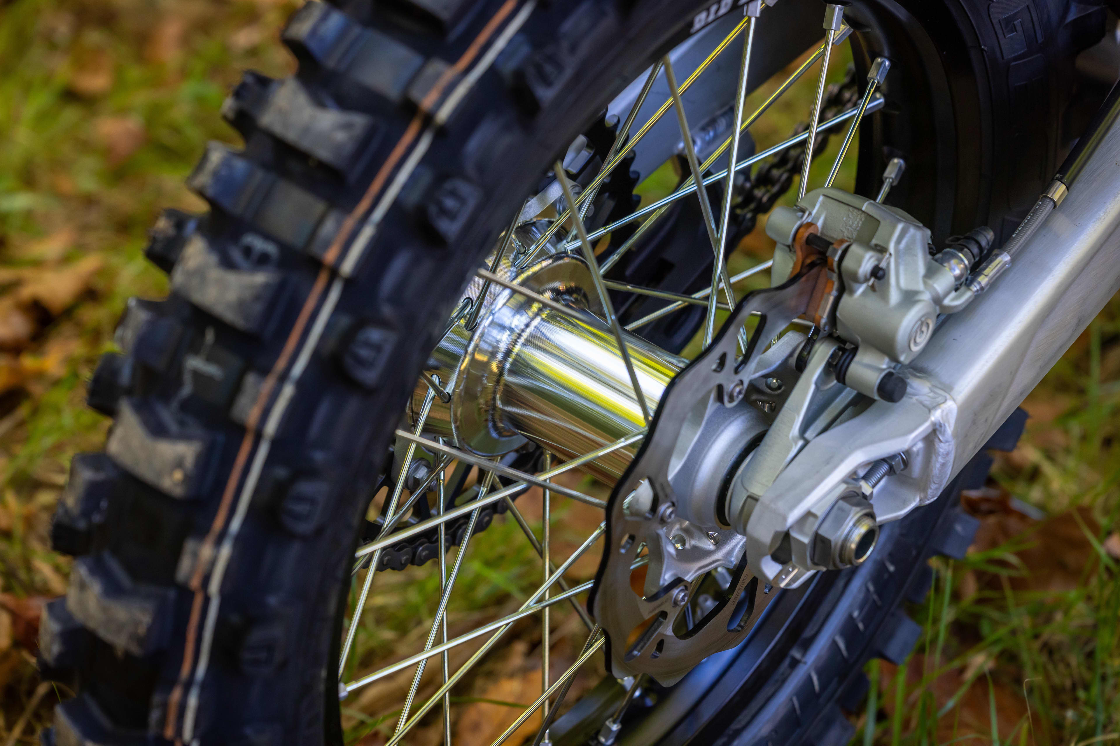 Triumph Cross Country motorcycle close up shot of wheel and tyres