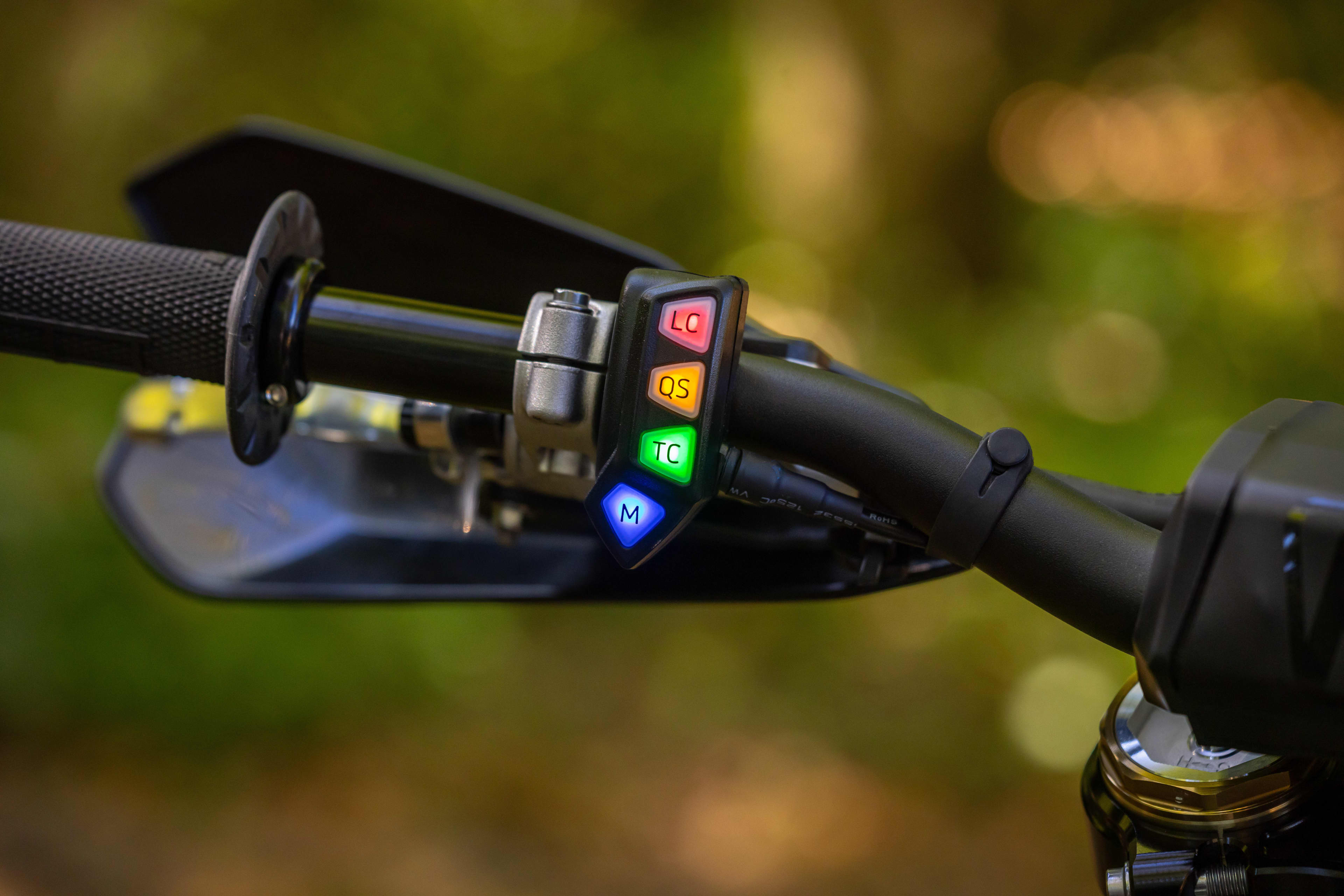 Triumph Cross Country motorcycle controls and display close up shot