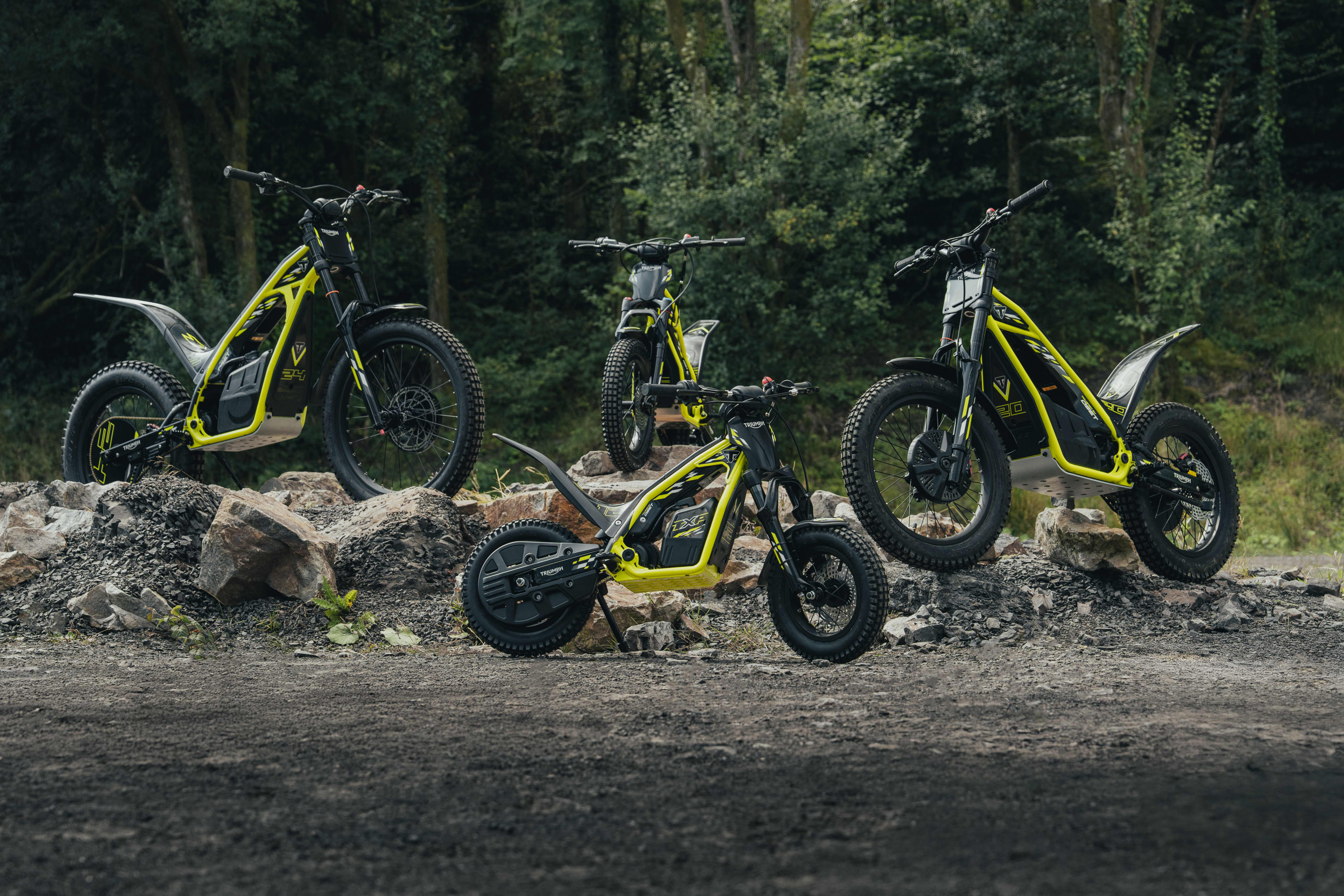 A lineup of four Triumph TXP electric dirt bikes in varying sizes, featuring bright neon yellow frames and knobby tires, parked on a rocky trail with a dense forest background.