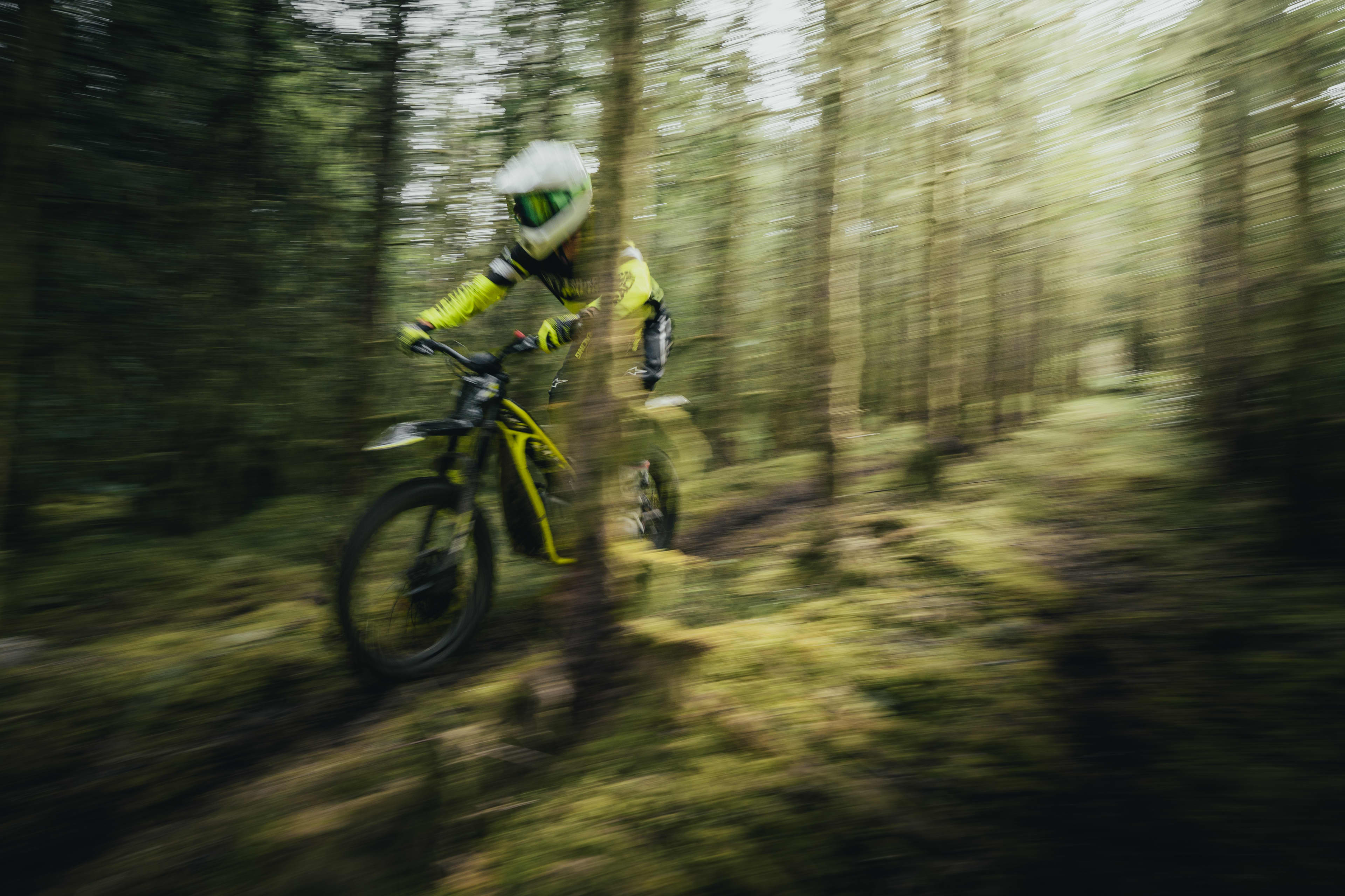 A rider on the Triumph TXP-24 going through a green woodland trail.