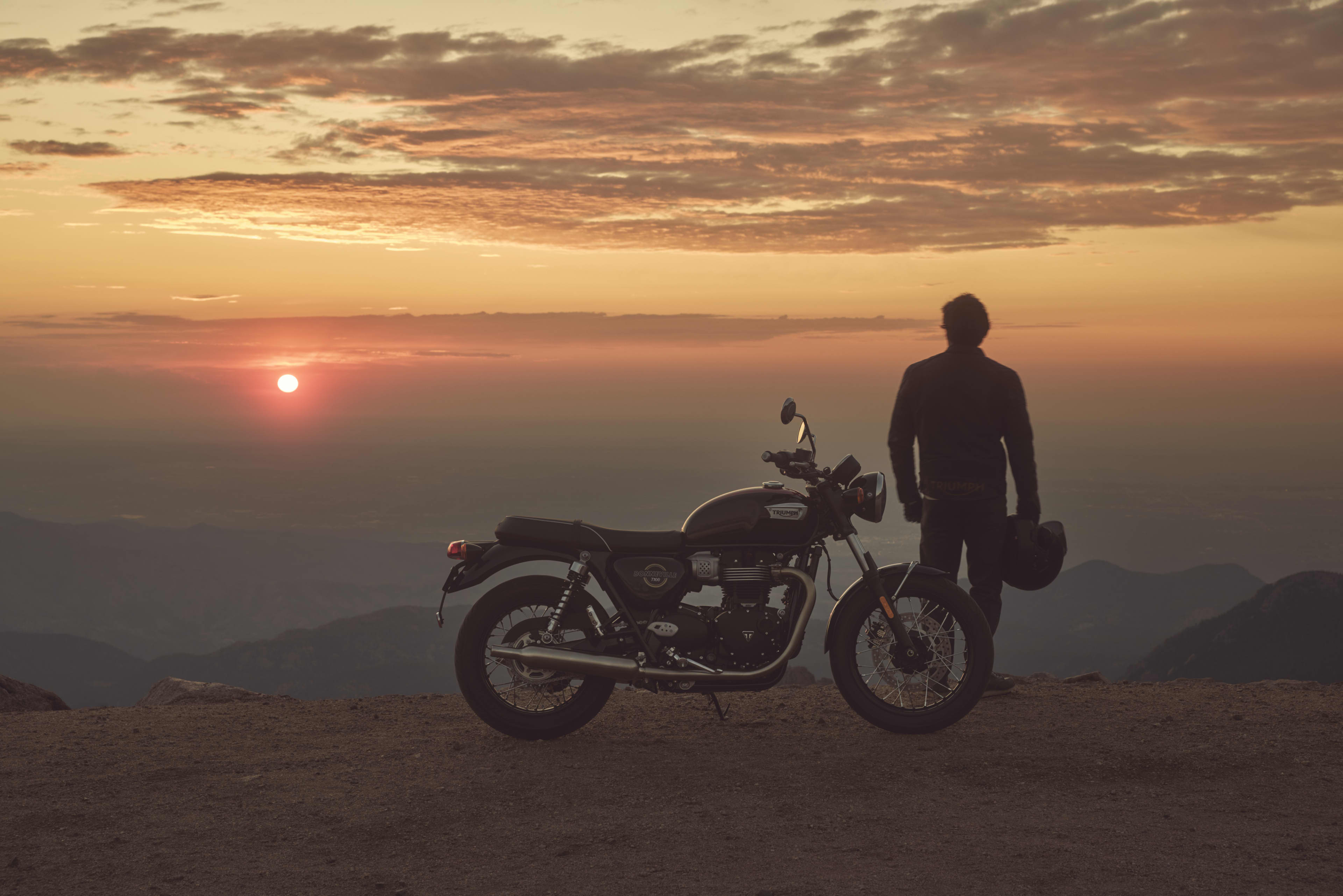 Bonneville T100 modern classic motorcycle in sunset