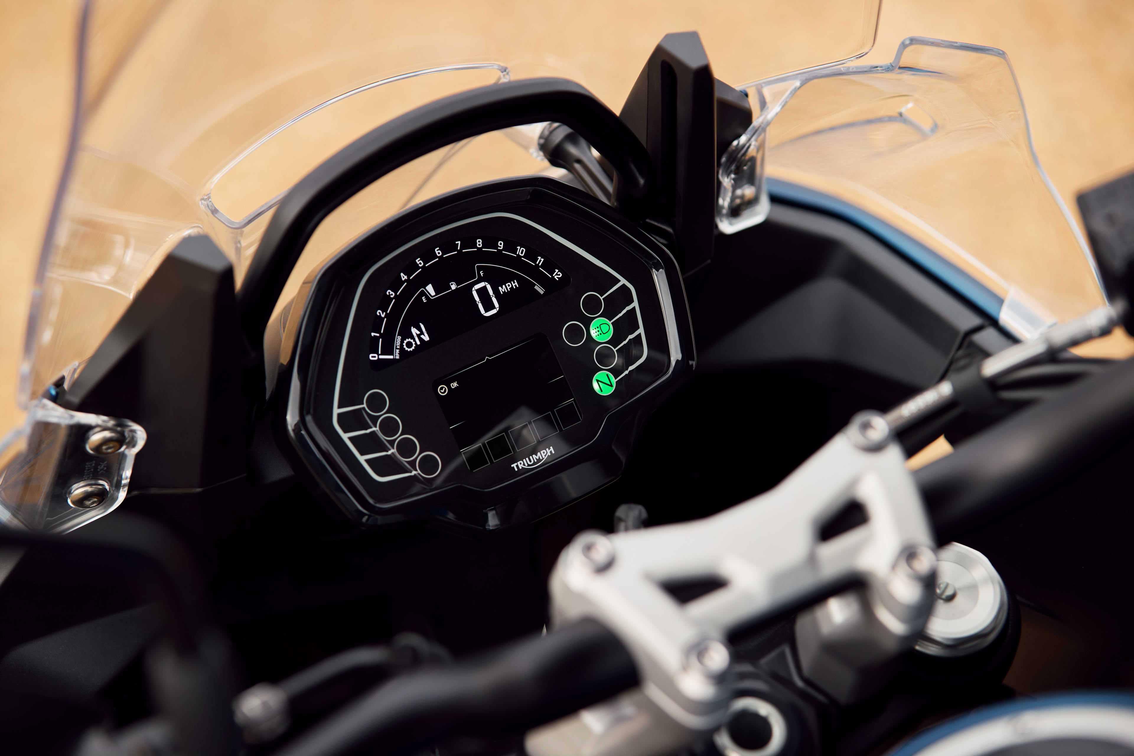 Close up view of Tiger Sport 800 Tour dashboard with digital speedometre
