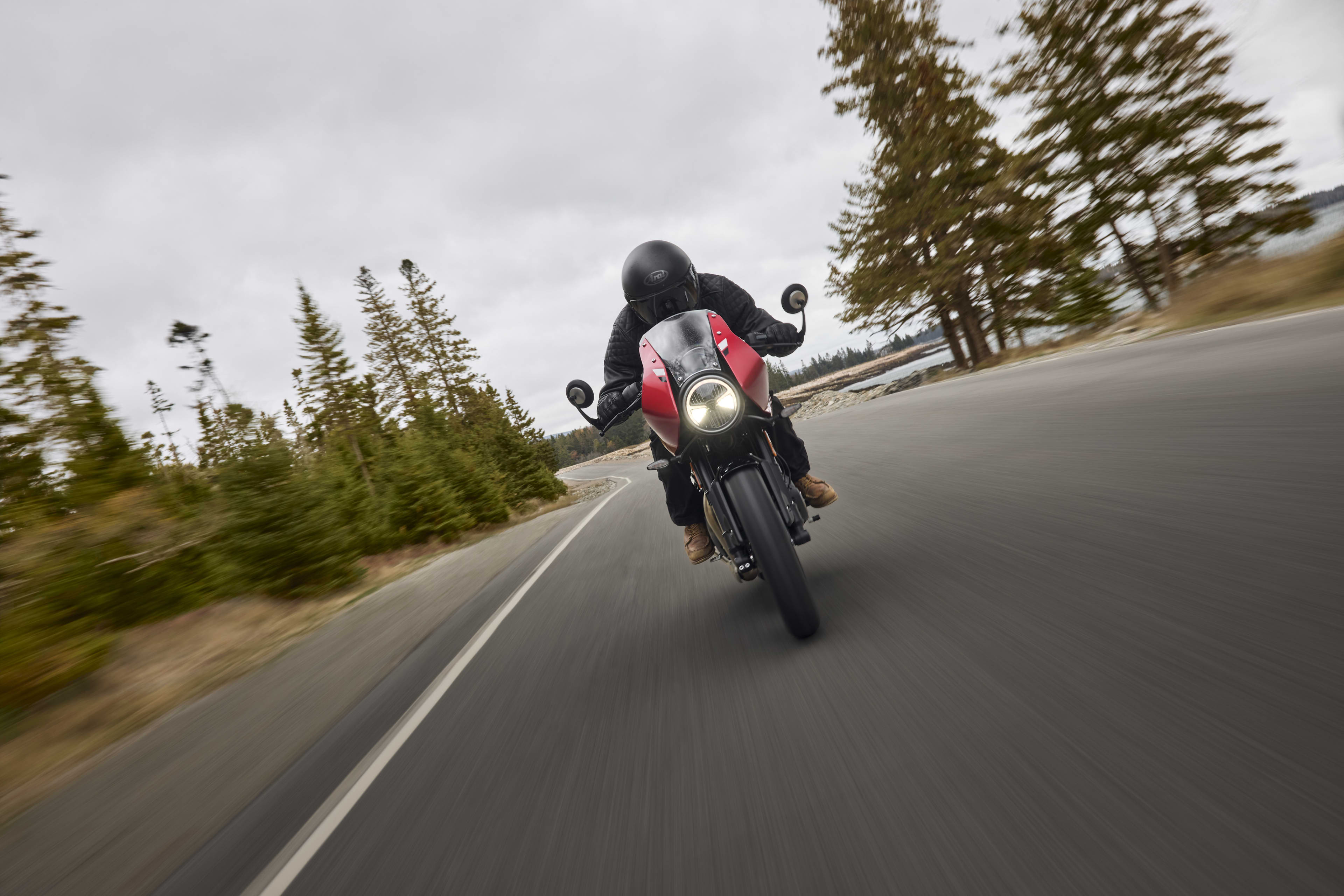 Front view of a man riding the Thruxton 400