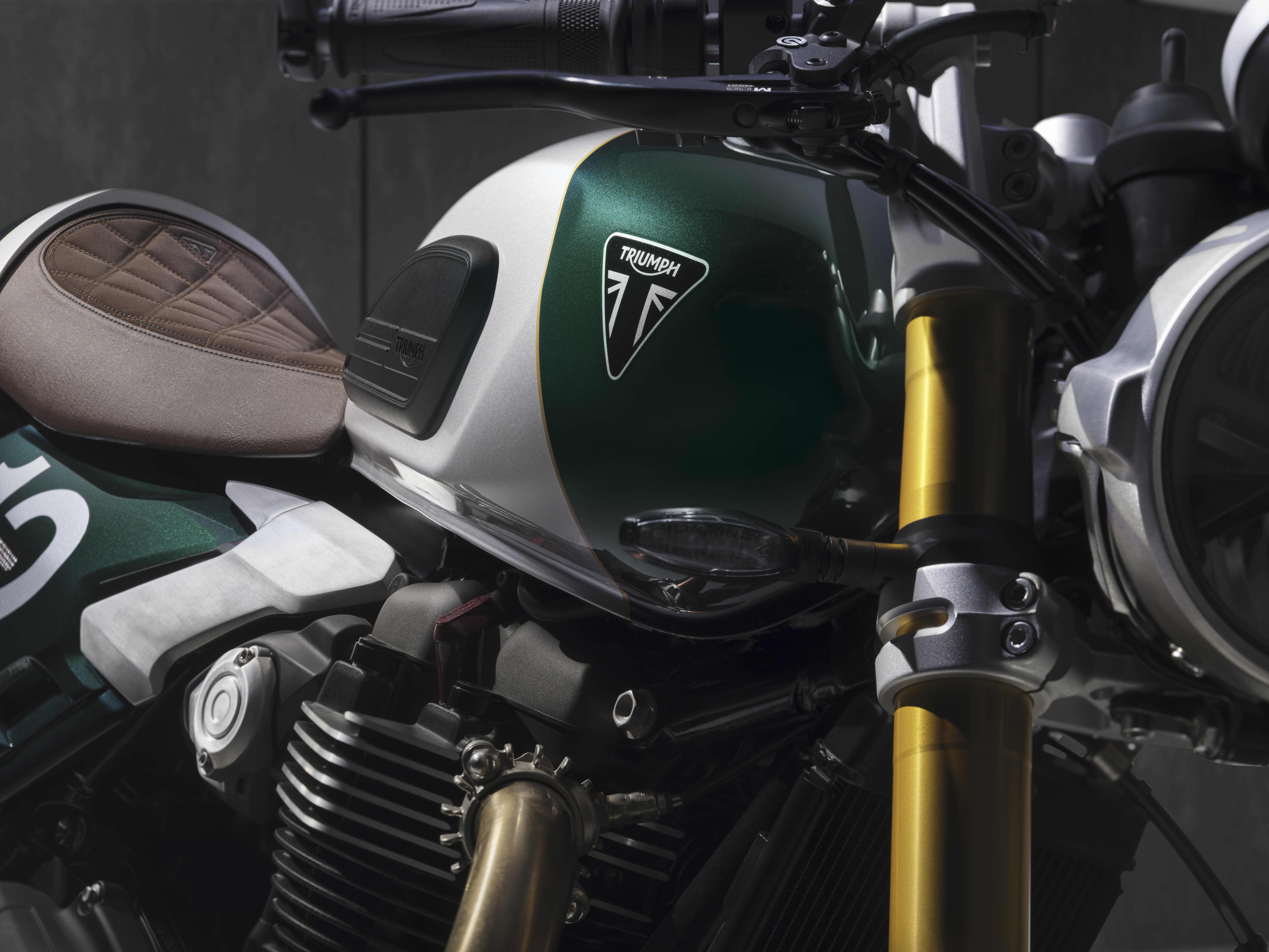 Triumph Classic Speed Twin Cafe Racer Edition in Aluminium silver / Competition green side view close up without rider embodying iconic style