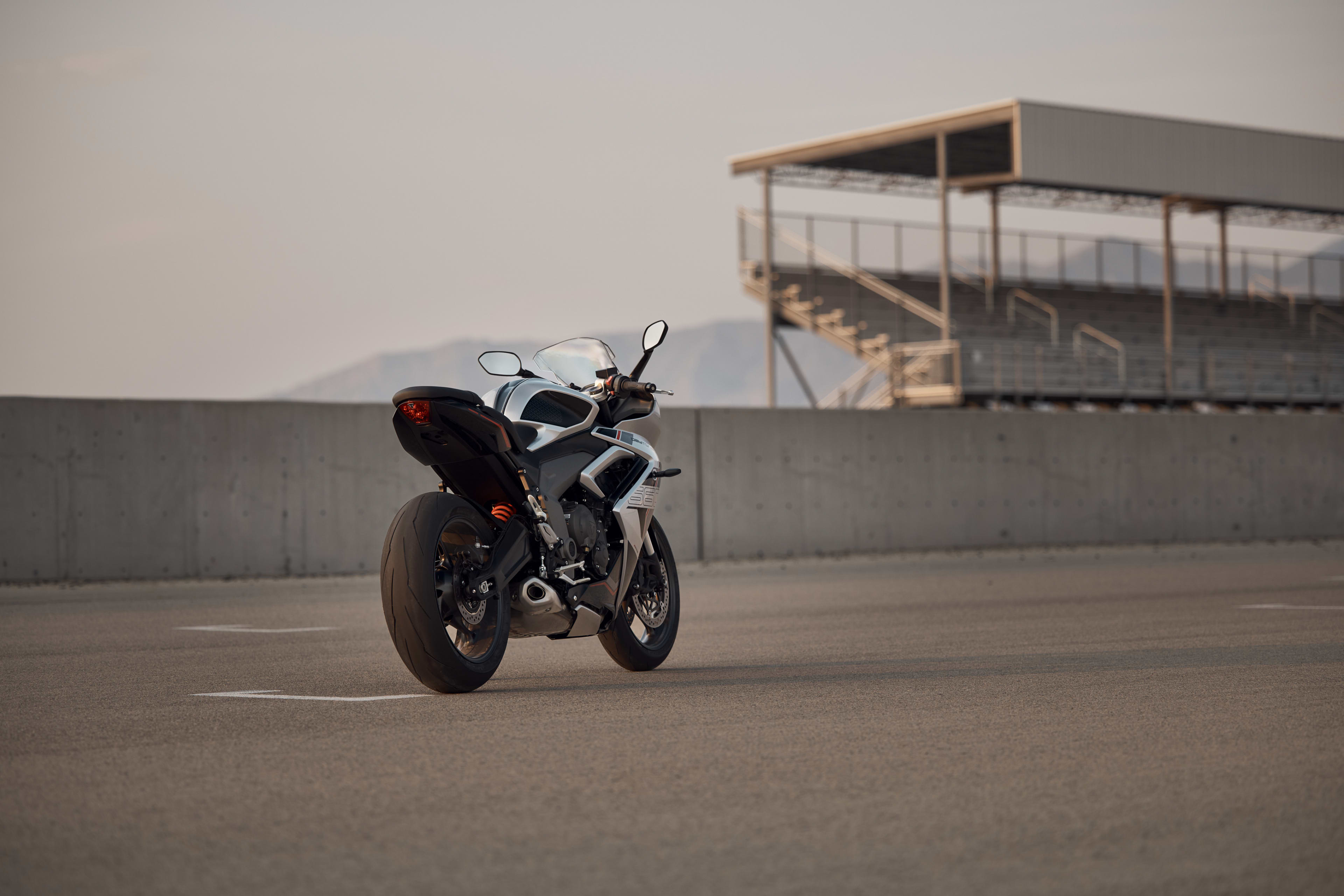 Front view of the Triumph Daytona 660 showing its windscreen and headlights