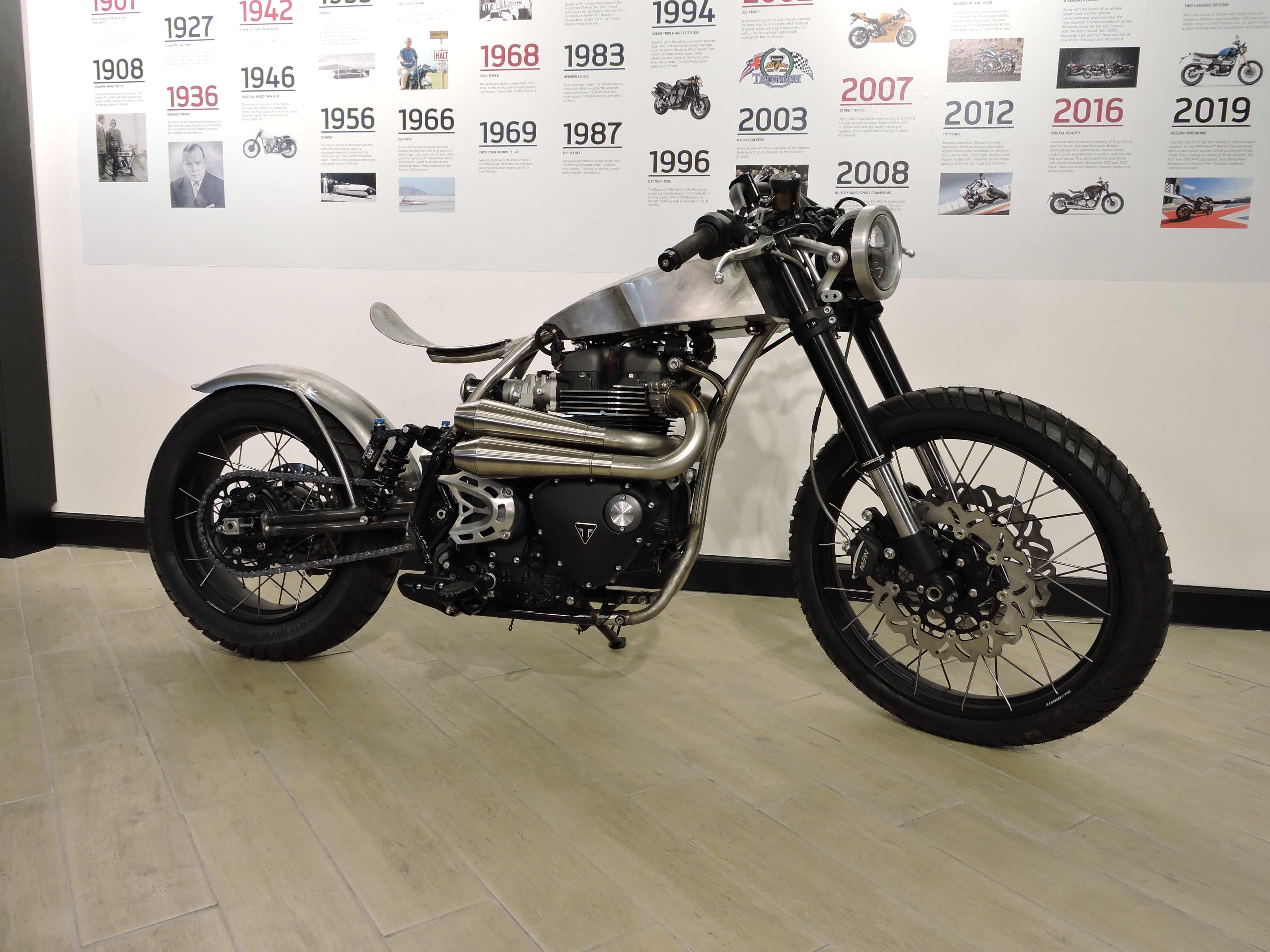 Custom bike parked in a garage