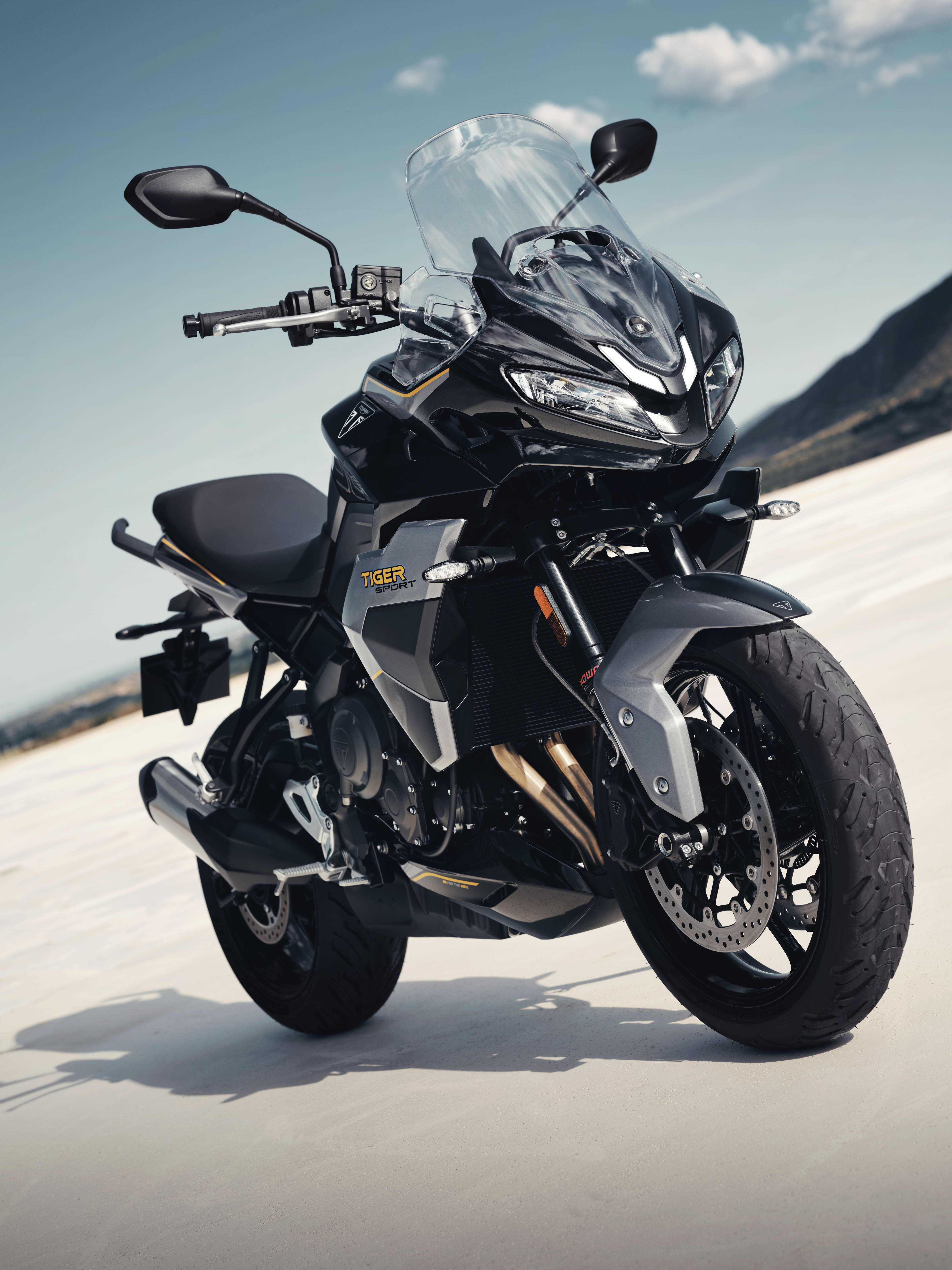 Gros plan frontal complet du Tiger Sport 800 en Sapphire Black et Graphite