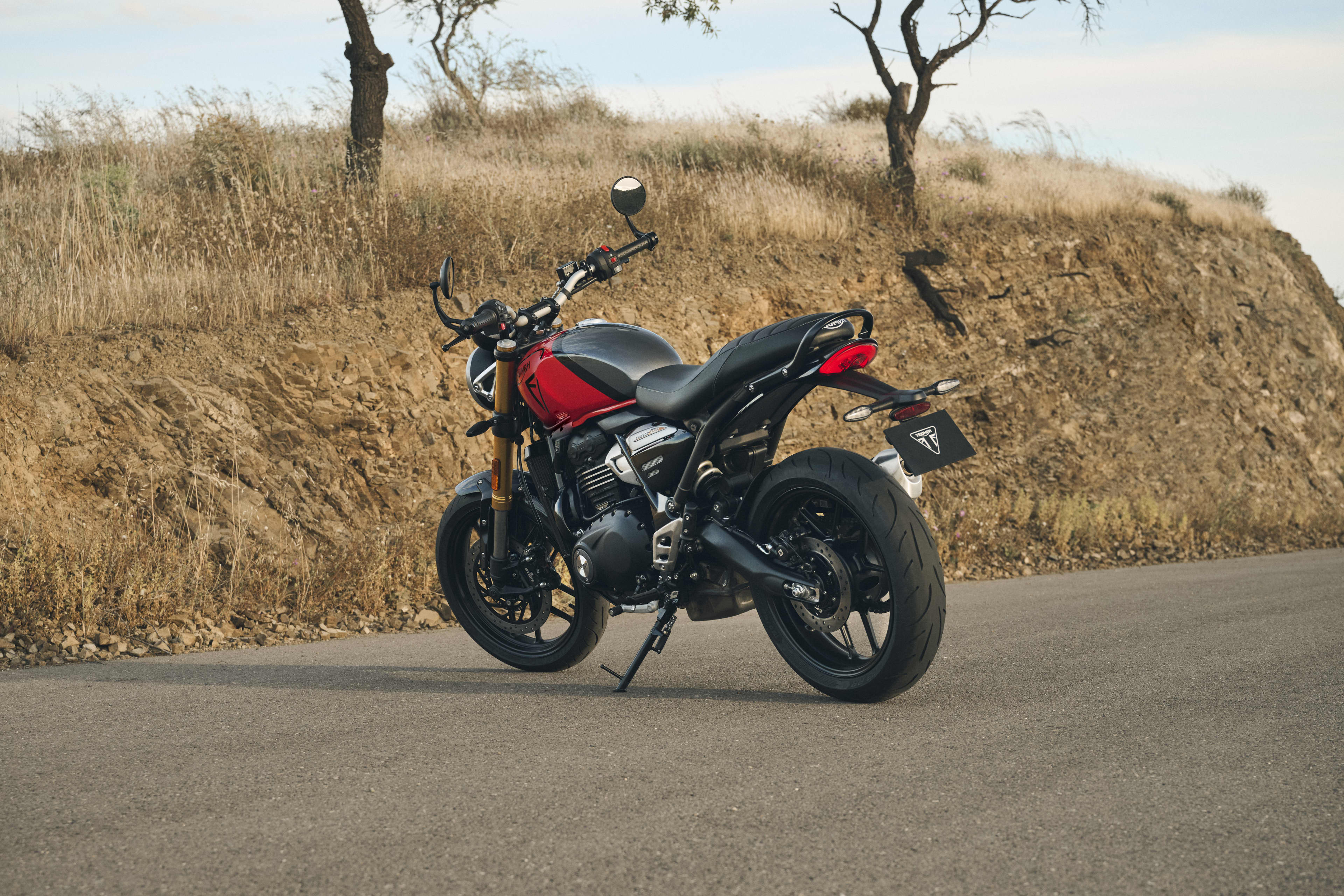 Triumph Speed 400 en Racing Red et Pewter Grey, vue de derrière en angle