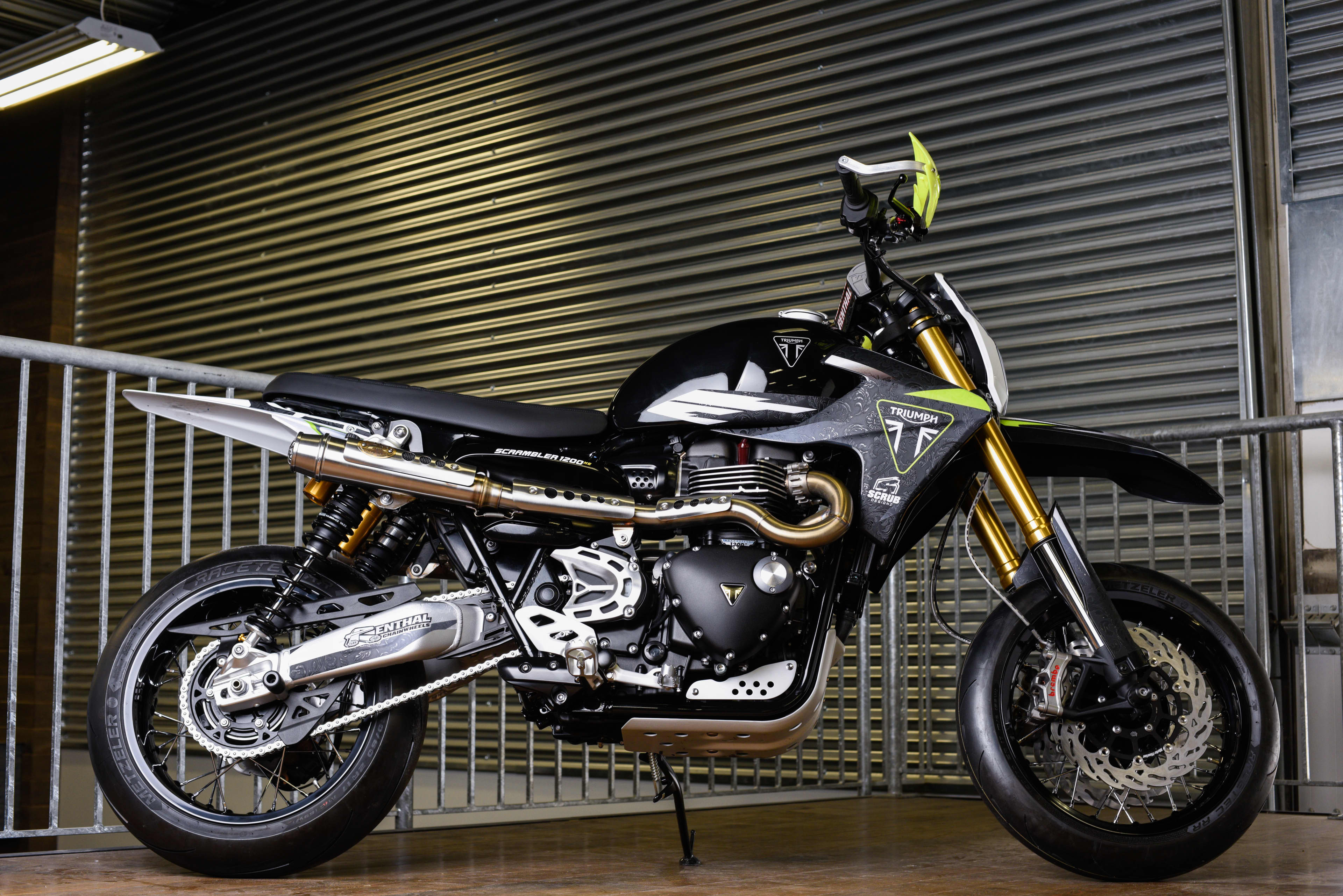 Side view stationary shot of Triumph custom bike