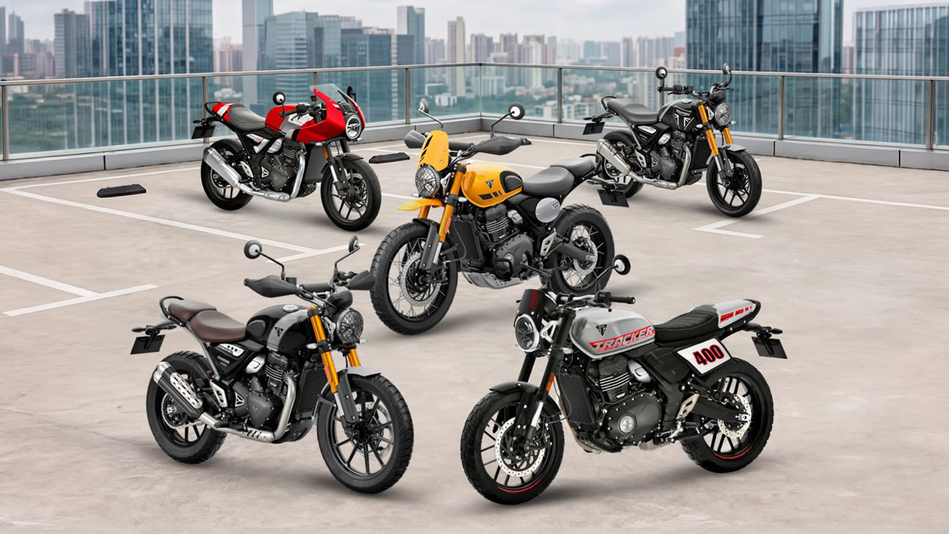 A lineup of five Triumph 400cc motorcycles, featuring a mix of modern classics, cafe racers, and scrambler styles, parked on an outdoor rooftop parking lot with a city skyline backdrop.