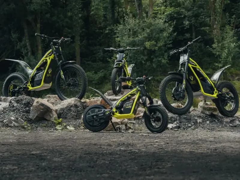 A lineup of four Triumph TXP electric dirt bikes in varying sizes, featuring bright neon yellow frames and knobby tires, parked on a rocky trail with a dense forest background.