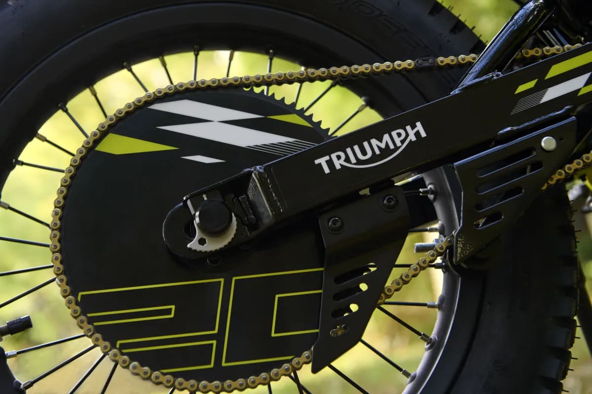 Close-up view of the rear wheel drive chain, sprocket, and Triumph-branded swingarm on a youth motorcycle.