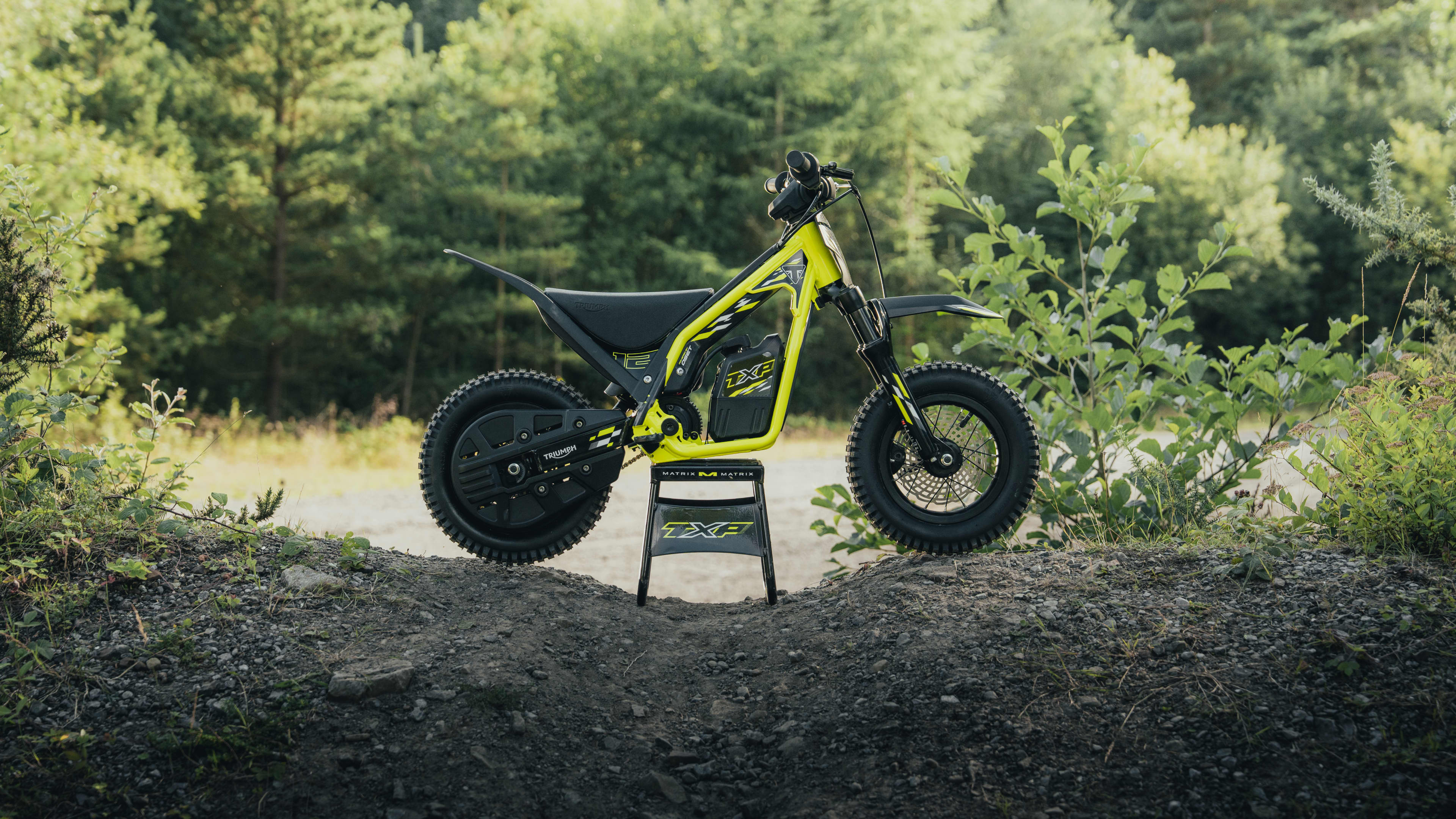 TXP-12 electric bike parked up on a TXP stand with the forest backdrop.