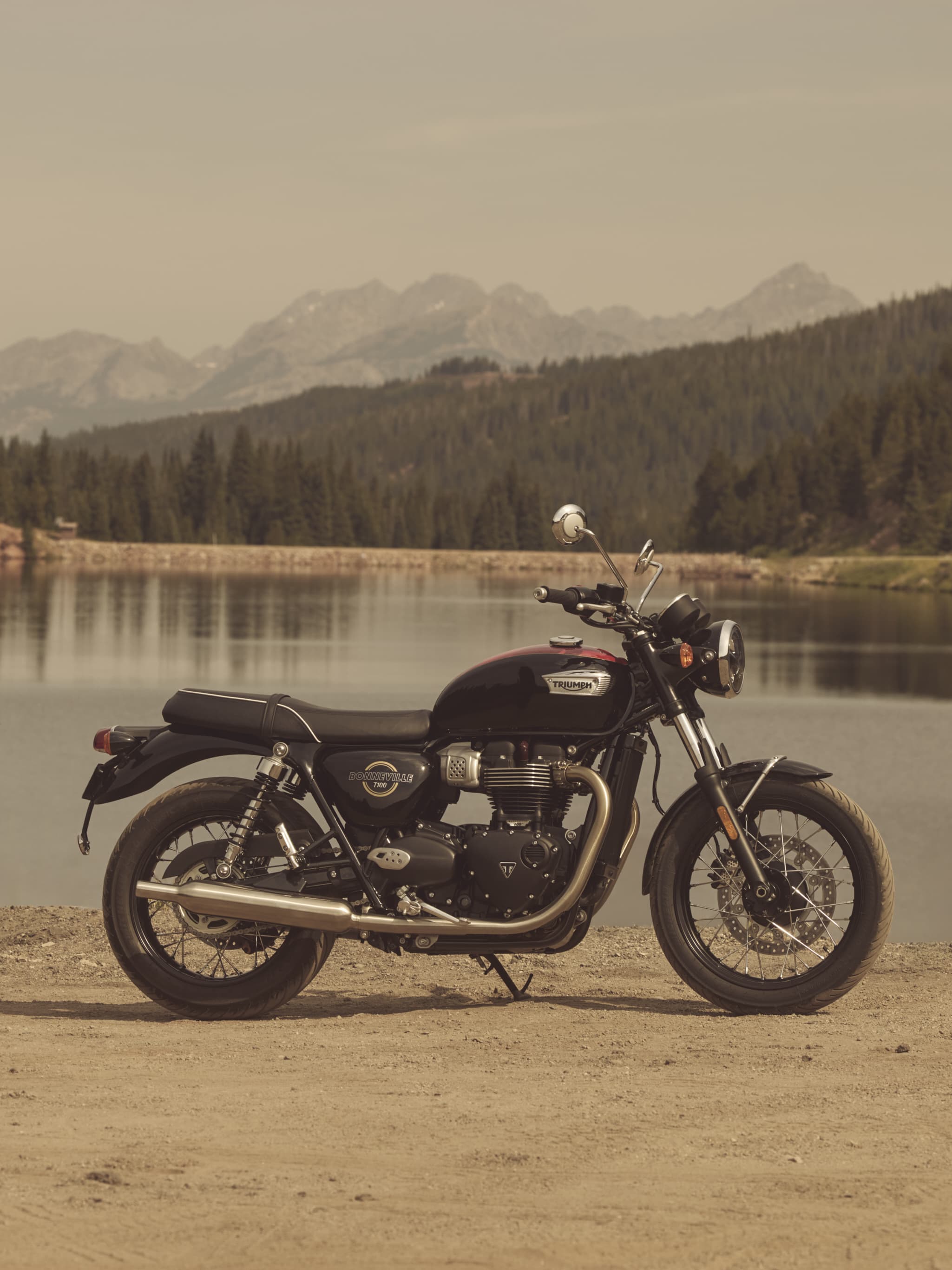 Triumph Bonneville T100 motorcycle shown in detail.