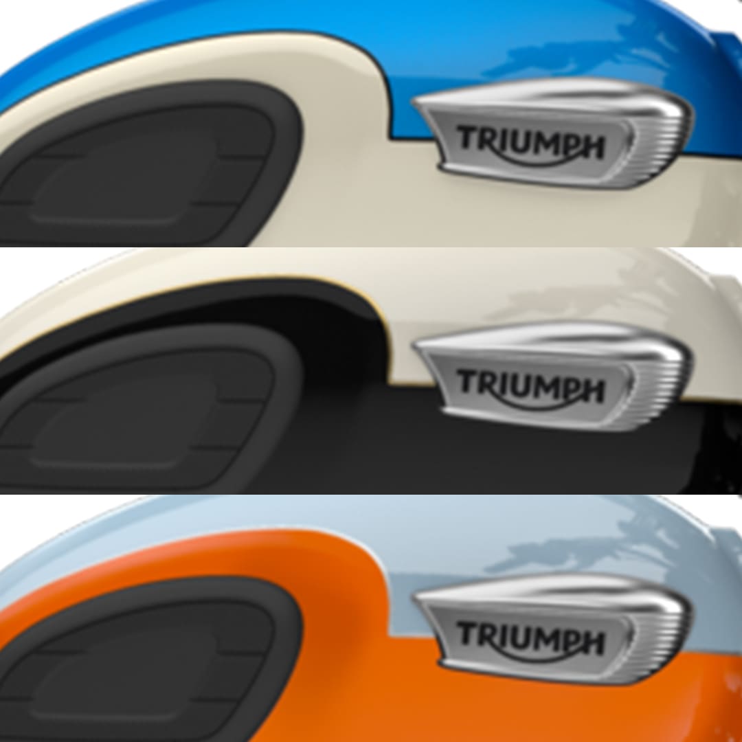 Les peintures rétro de la Bonneville T40 rendent hommage aux Bonneville du passé qui ont contribué à définir le genre. Trois peintures sont disponibles au choix : Meriden Blue et Tangerine Orange, Aegean Blue et Fusion White ou New England White et Jet Black, toutes dotées d’un liseré peint à la main. Des protège-genoux classiques en caoutchouc et l’emblématique badge de réservoir Triumph à trois barres complètent le superbe réservoir de carburant peint.
