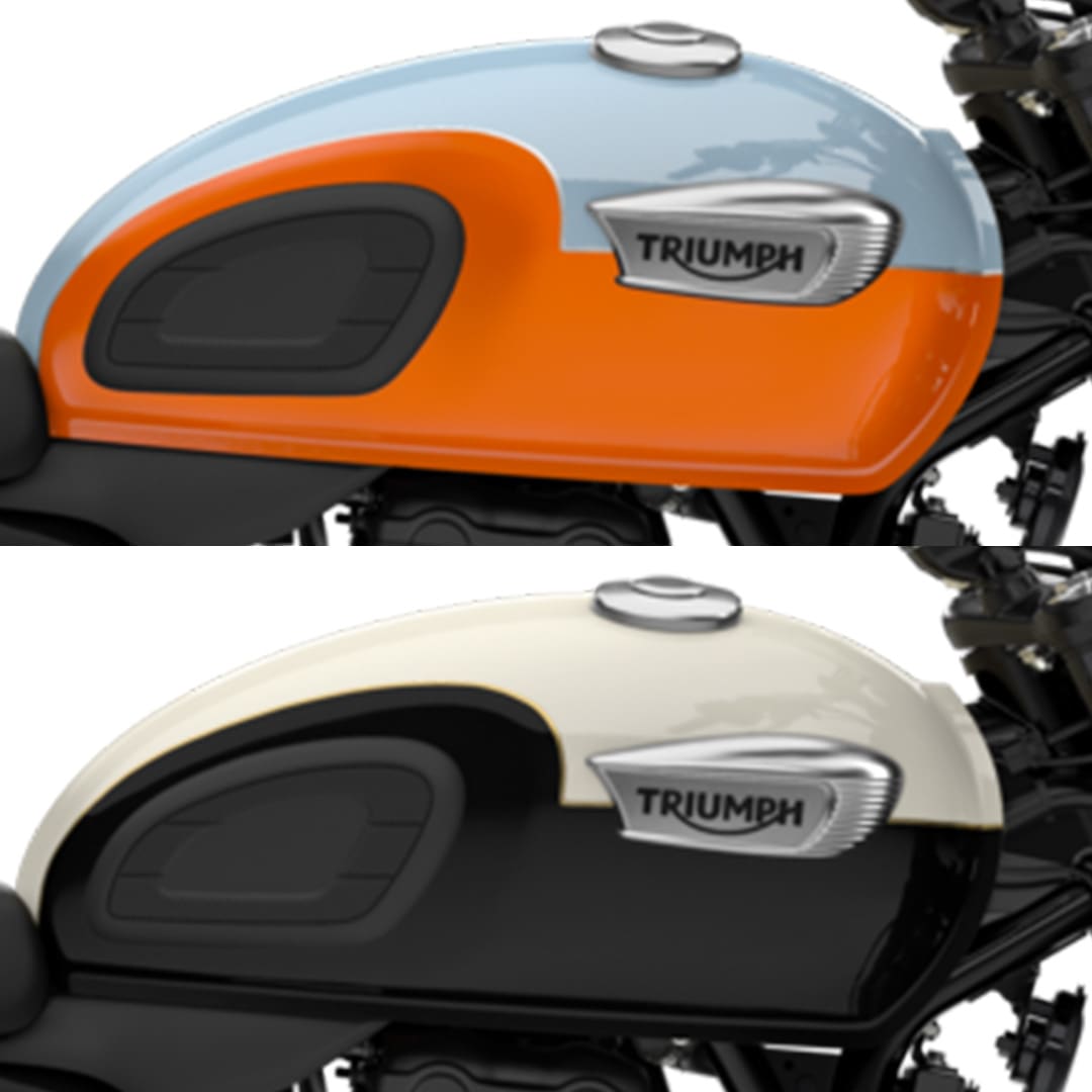 Heritage-inspired schemes on the Bonneville T40 pay tribute to the Bonnevilles of the past that defined a genre of motorcycles. A choice of two schemes: Meriden Blue and Tangerine Orange, or New England White and Jet Black are all finished with hand-painted coachlines. Complementing the beautifully painted fuel tank are classic rubber knee pads and the iconic three-bar Triumph tank badge.
