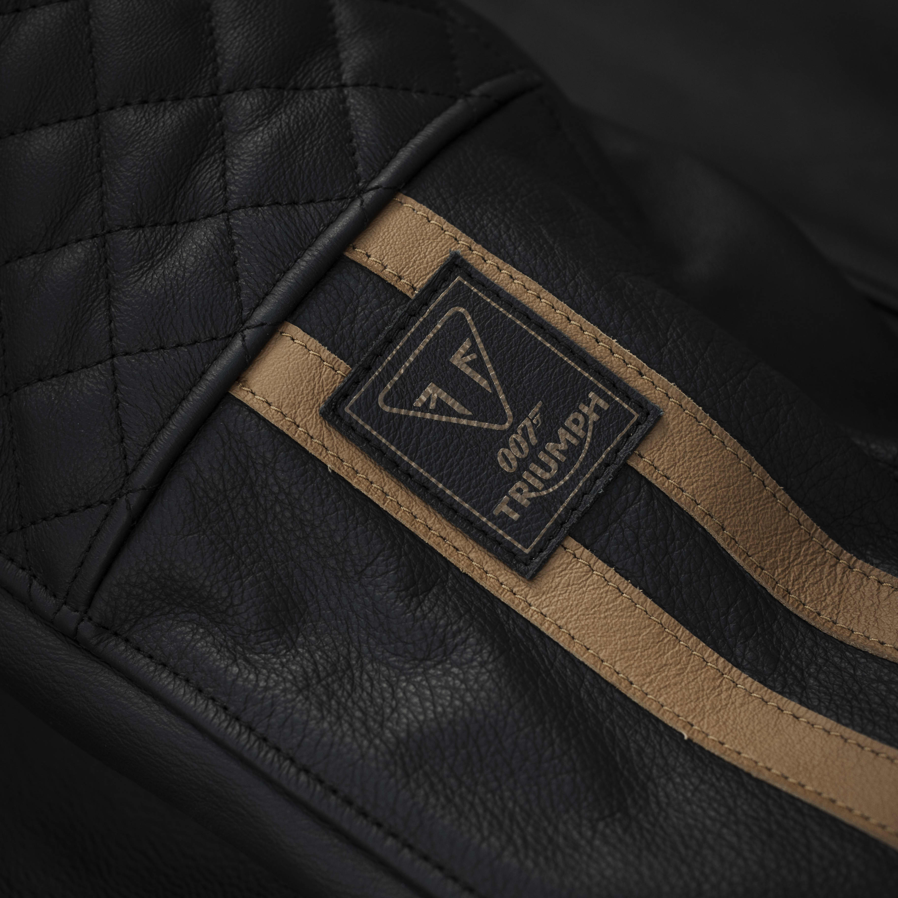 A close up of a leather jacket with Triumph and 007 Bond branding