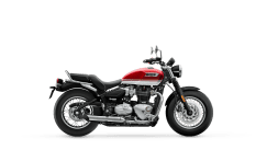 Bonneville Speedmaster in Carnival Red and Crystal White right hand side view