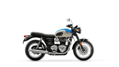 Bonneville T120 Black in Aegean Blue and New England White right hand side view
